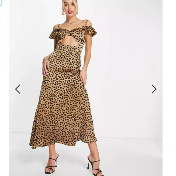 Never Fully Dressed Ruffle Sleeve Cut Out Maxi Dress NWT Leopard Brown Size 6 - Picture 5 of 11